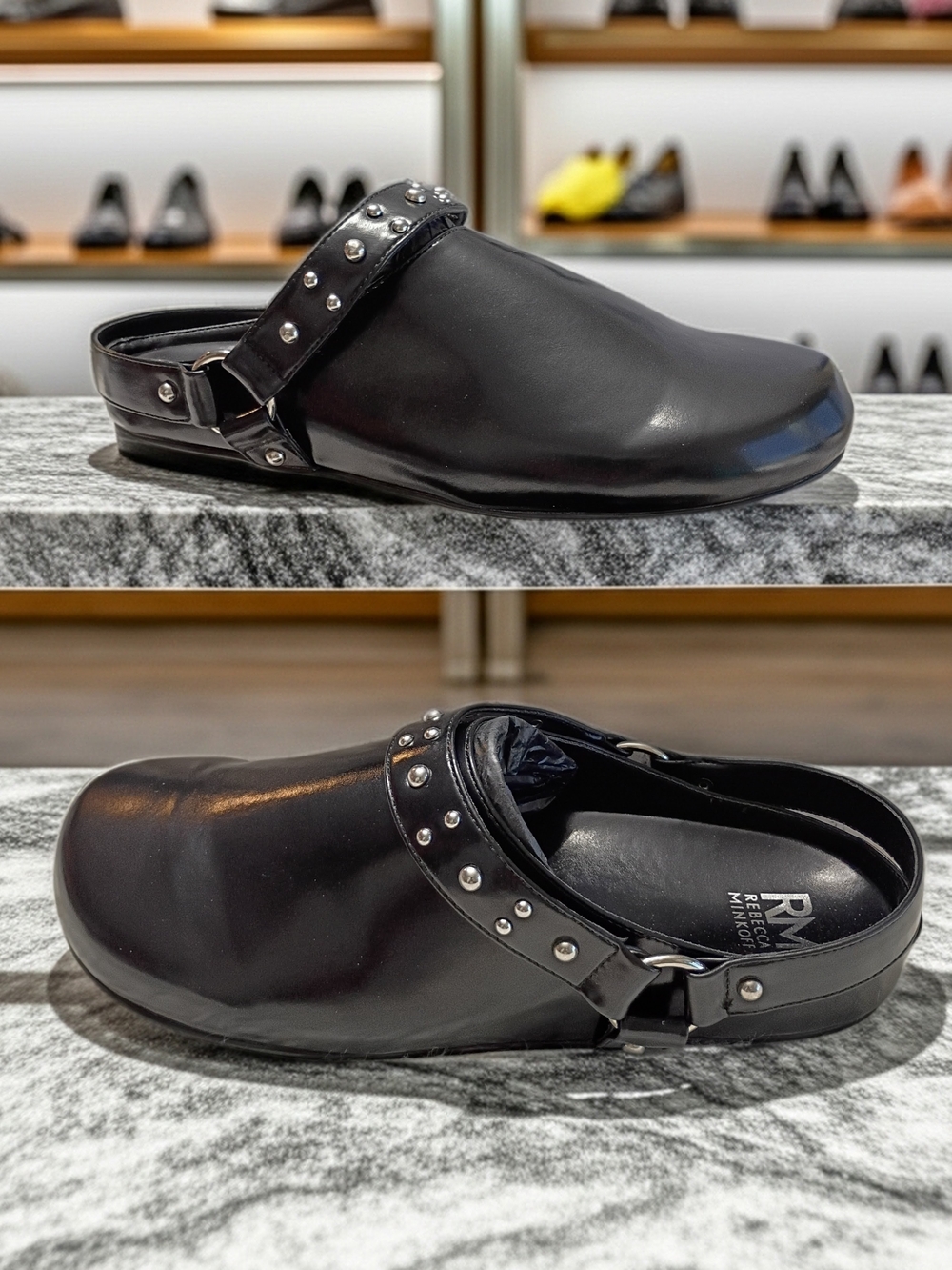 Rebecca Minkoff Black Studded Vegan Leather Slip-On Clog with Heel Strap